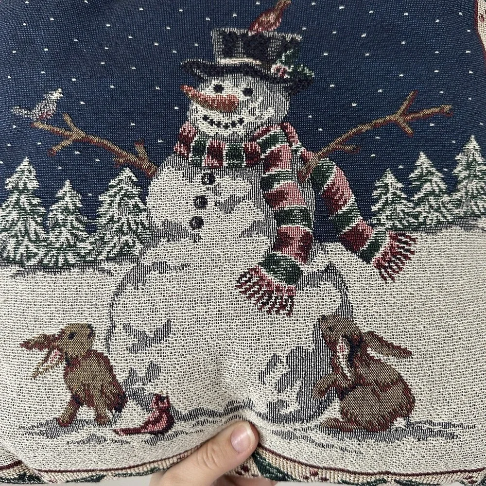 VTG 90s Christmas Tapestry Snowman Forest Throw Pillow 13x14 Cottagecore Country